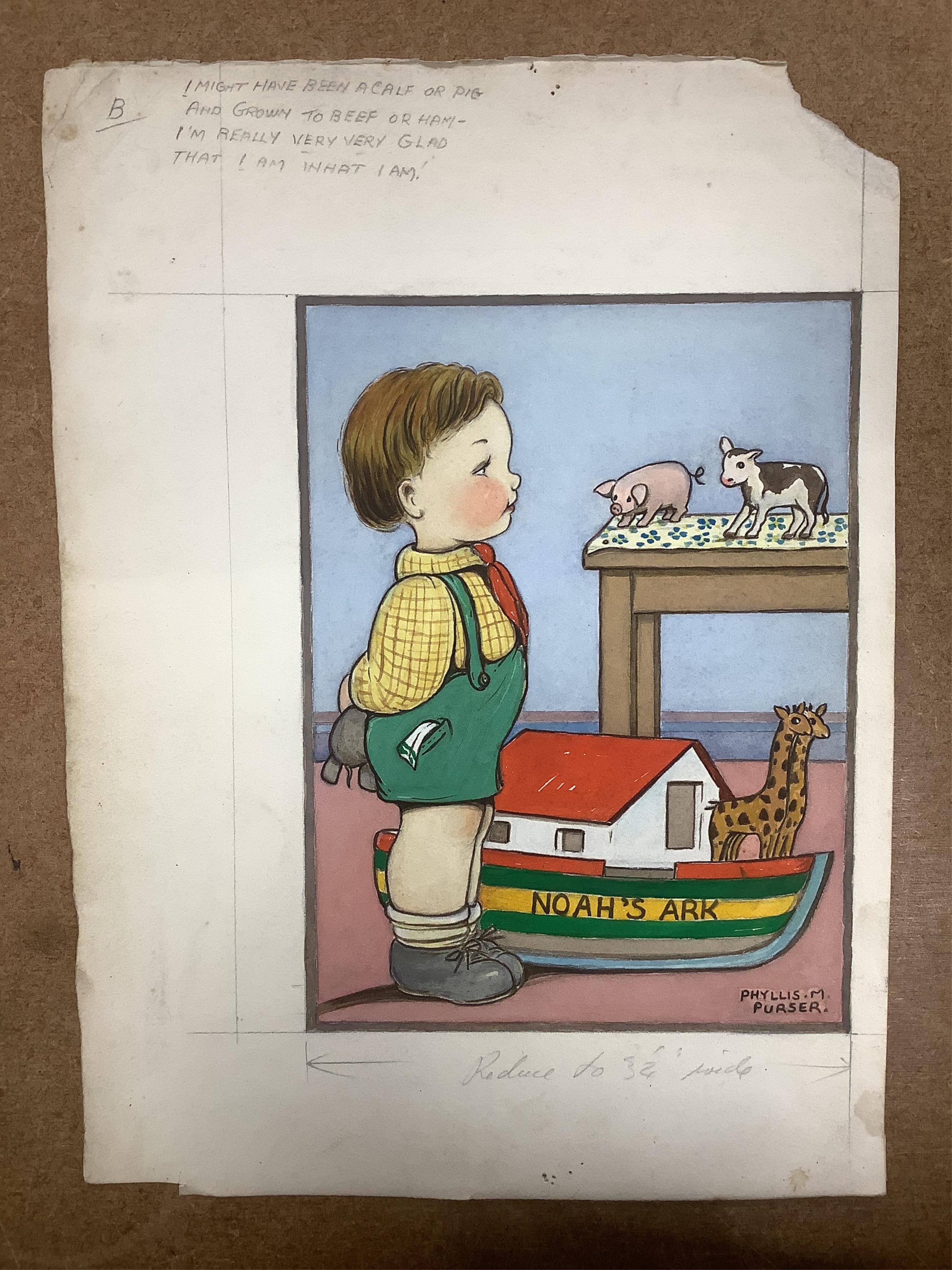 Phyllis Purser (1893-1990), six original watercolours on card for postcard designs, Humourous children, each signed, unframed, largest 39 x 28cm. Condition - fair, discolouration and creasing to the edges